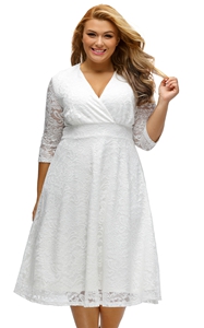 BY61442-1 White Plus Size Surplice Lace Formal Skater Dress